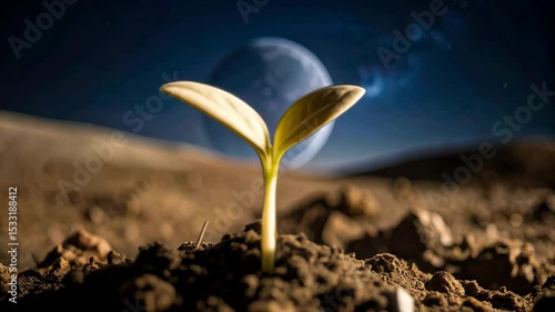 Single sprout growing from dry soil under a dark cosmic sky with a bright celestial orb on the horizon, concept of growth.