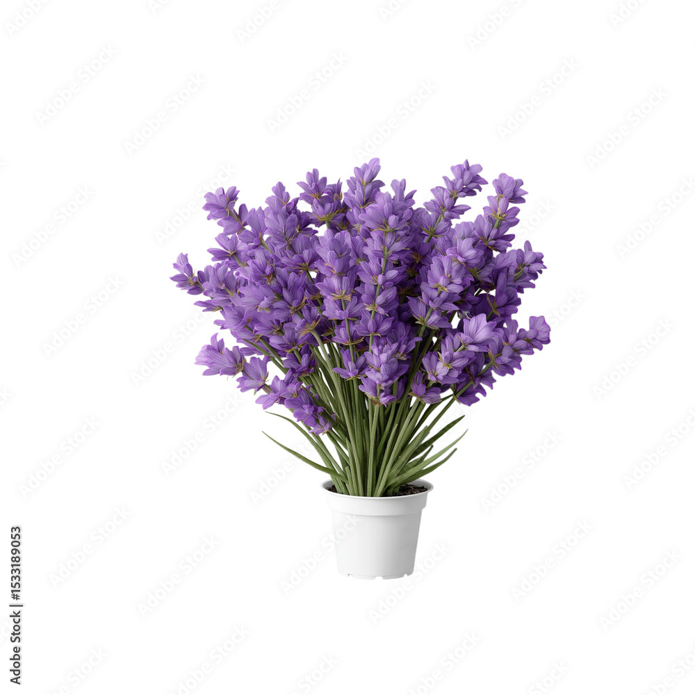 Fototapeta premium Vibrant flowering Lavender houseplant arrangement isolated on white background and transparent background for a decorative pot indoor gardening inspiration for a cozy plant nook 