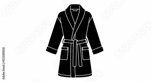 This high-quality vector illustration features a solid black terrycloth bathrobe silhouette. It highlights a shawl collar, cuffed sleeves, a knotted tie belt, and patch pockets, all with fine details.