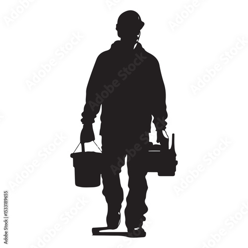 Construction Worker Walking with Tools boxes in Black and White Silhouette Style silhouette