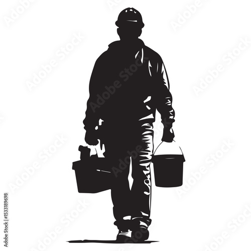 Construction Worker Walking with Tools boxes in Black and White Silhouette Style silhouette