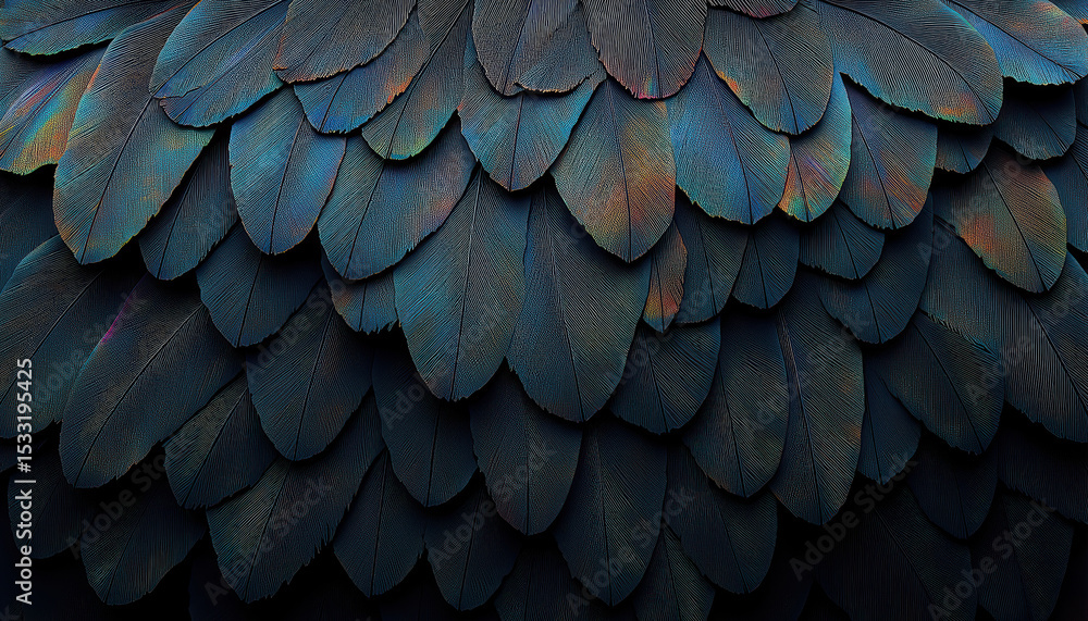 Fototapeta premium Flat lay top down view texture of blackbird plumage, smooth overlapping glossy black bird feathers, iridescent blue and green sheen, detailed feather barbs. Wildlife and nature background wallpaper.