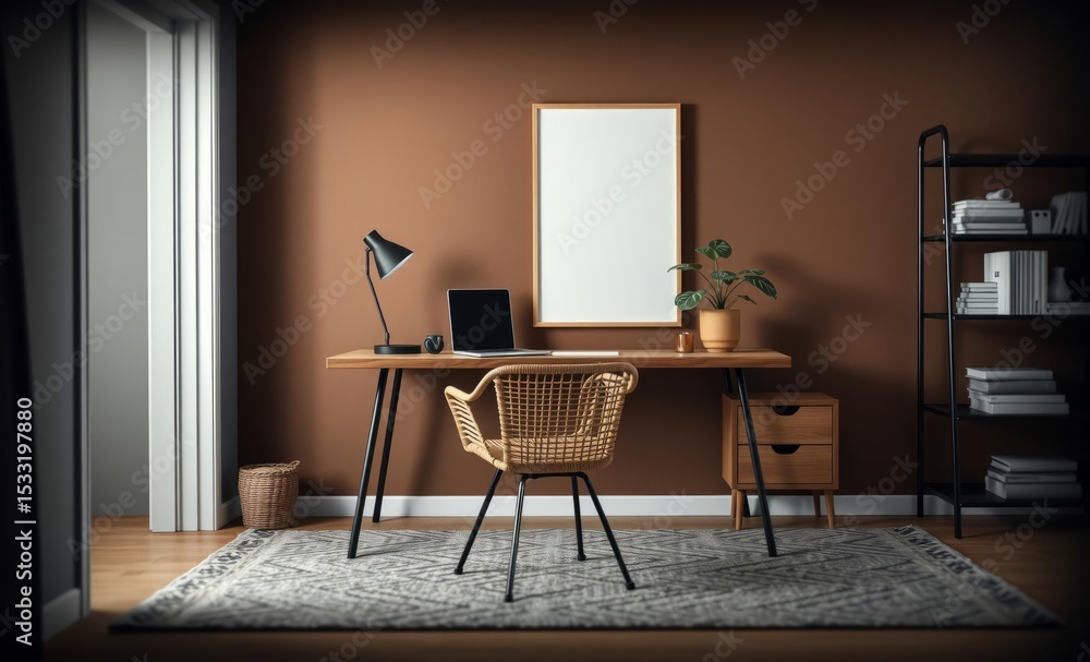 Fototapeta premium A minimalist yet inviting home office featuring a mock up poster frame a sleek wooden desk adorned with a rattan chair and a patterned rug A touch of nature is present with a leafy plant adding wa