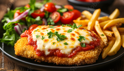 Wallpaper Mural Delicious chicken parmesan with fries and salad. Crispy breaded chicken cutlets topped with melted cheese and rich tomato sauce. Side of golden french fries and fresh salad Torontodigital.ca
