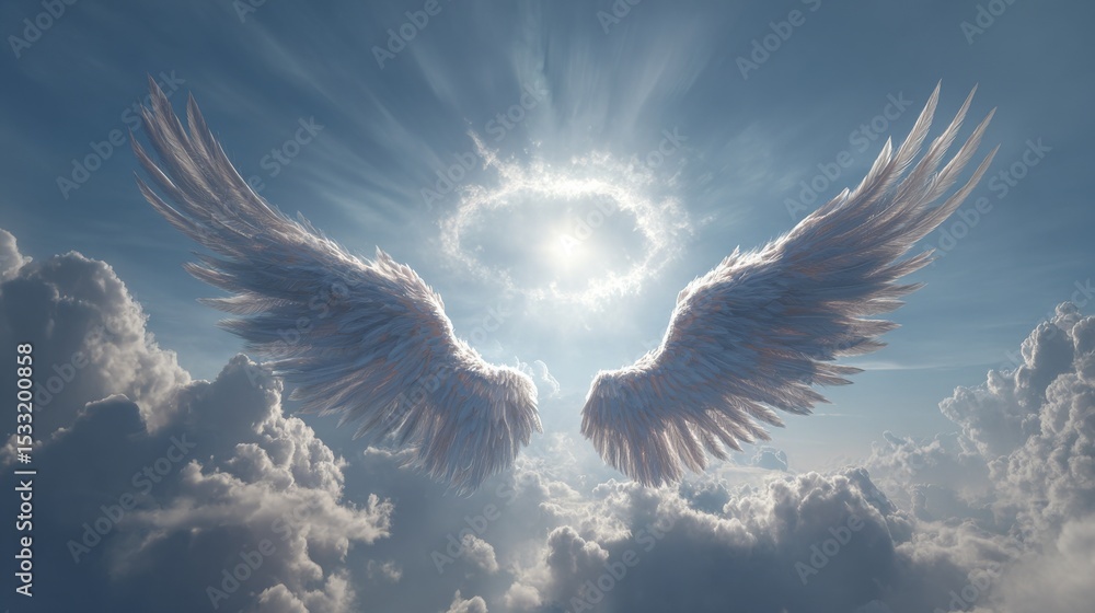 Obraz premium Majestic angel wings spread in a radiant sky above the clouds, divine inspiration