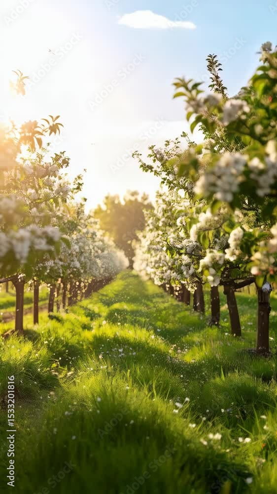 Blooming orchard trees aligned in springtime meadow with fresh green grass and fallen white petals gleaming in bright sunlight. Blooming orchard trees aligned in springtime meadow with fresh green grass and fallen white petals gleaming in bright sunlight.