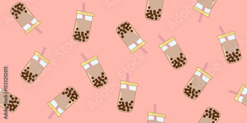 Seamless pattern with bubble tea or boba drink with pink straws on pink background, vector