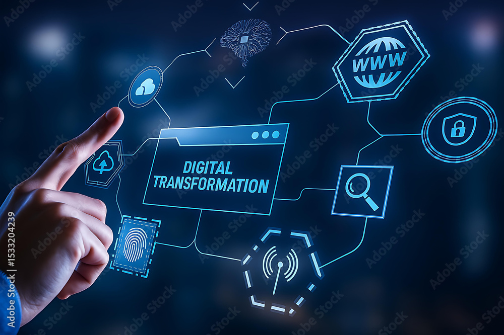 Naklejka premium Digital Transformation Concept with Hand Interacting on Virtual Screen