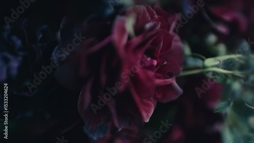 Romantic dark toned close up of rose flower blooming with soft dreamy bokeh background