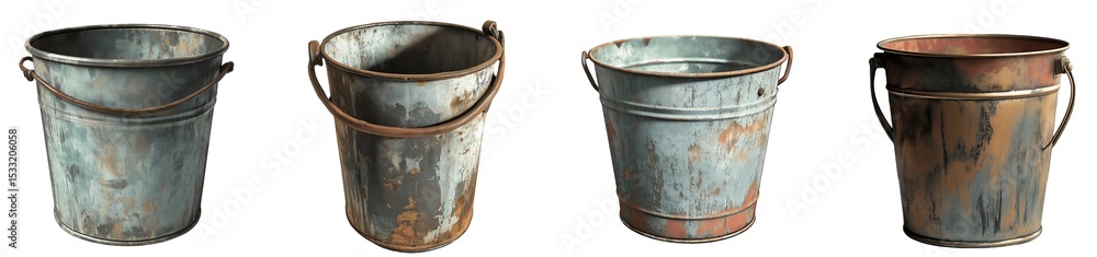 Set of various iron buckets isolated on transparent background Set of various iron buckets isolated on transparent background