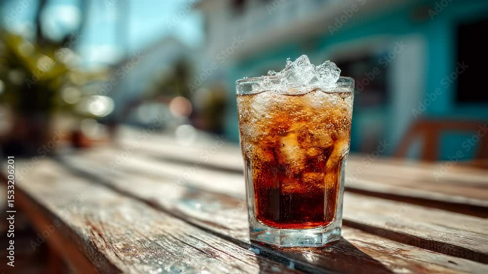 Refreshing cola drink with ice cubes on a rustic wooden table, perfect for summertime Refreshing cola drink with ice cubes on a rustic wooden table, perfect for summertime