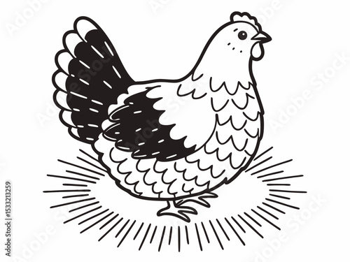 Charming Hen Illustration Black and White Chicken Drawing