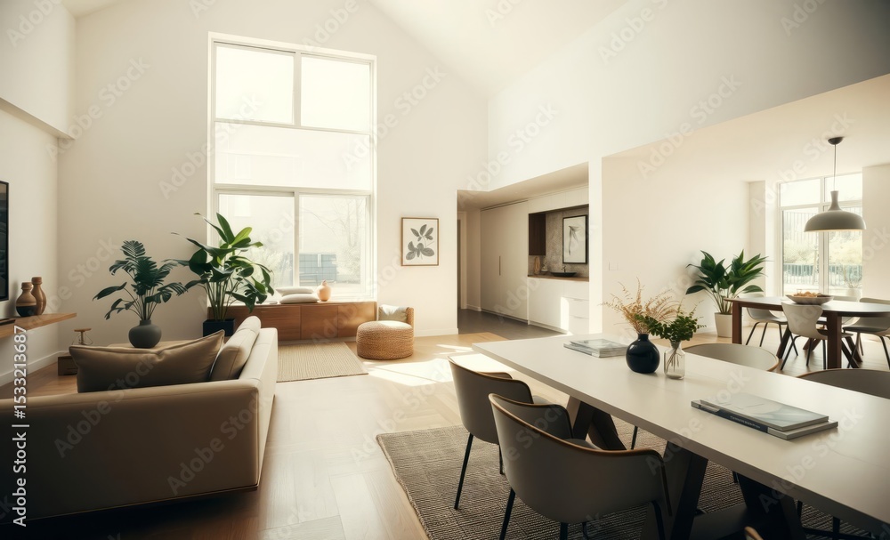 Fototapeta premium A minimalist haven bathed in sunlight features a sleek design sofa a spacious dining table adorned with lush greenery and elegant personal accessories creating a warm and inviting atmosphere The 
