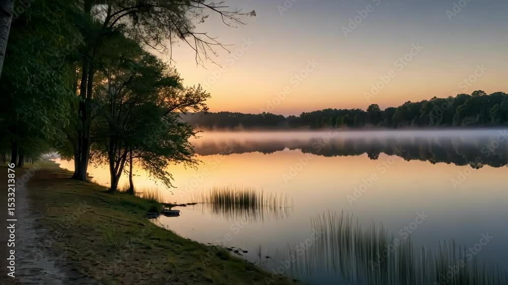 Serene sunrise landscape with fog over the lake, reflections, trees and water. Serene sunrise landscape with fog over the lake, reflections, trees and water.