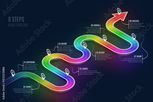 Isometric navigation map infographic 8 steps timeline concept. Winding road.