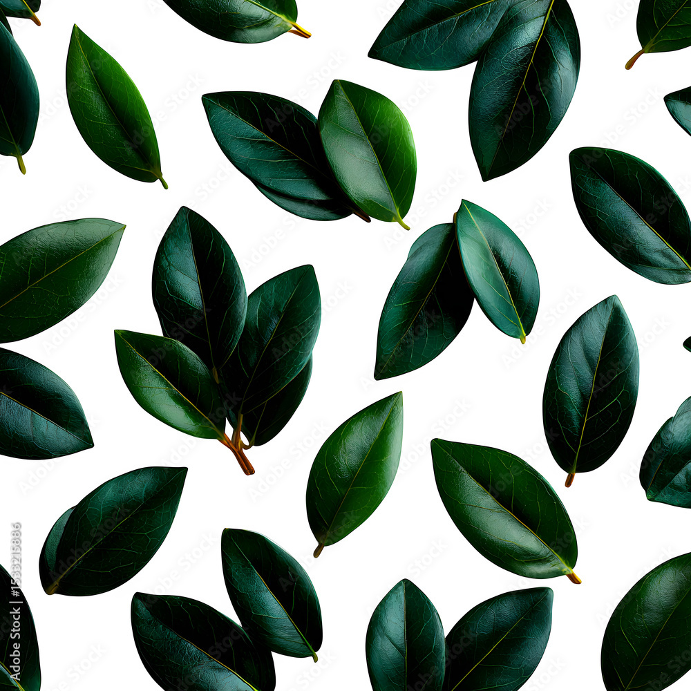 Naklejka premium Scattered ficus leaves, dark green and oval, arranged randomly on a white background with no shadows.