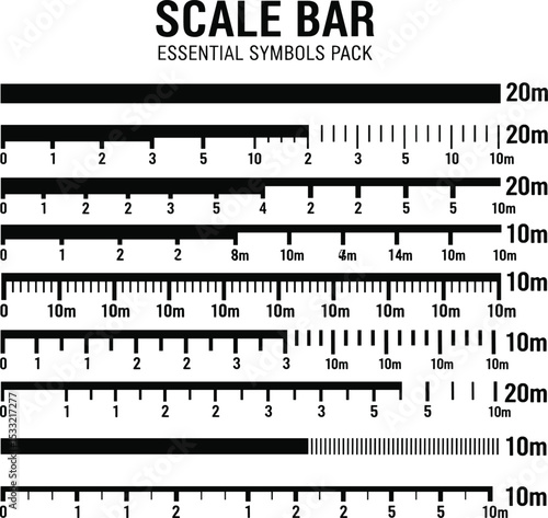 Set of line and bar scales of map. Distance measurement chart templates for navigation, travel. Cartography graphic elements isolated on white background 