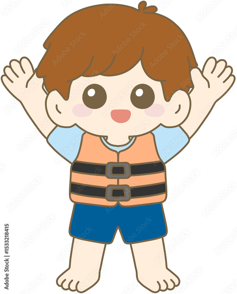 Happy Boy in Orange Life Jacket Raising Hands, Summer Safety 남자아이, 구명조끼, 물놀이, 여름, 안전 Happy Boy in Orange Life Jacket Raising Hands, Summer Safety 남자아이, 구명조끼, 물놀이, 여름, 안전