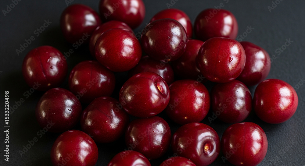 A vibrant pile of fresh, dark red cherries, perfectly ripe and glossy, is presented against a sleek black background, highlighting their rich color and inviting sweetness.
A vibrant pile of fresh, dark red cherries, perfectly ripe and glossy, is presented against a sleek black background, highlighting their rich color and inviting sweetness.