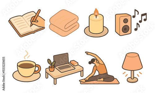 Daily routine icons set – linear, lifestyle and everyday activity symbols
