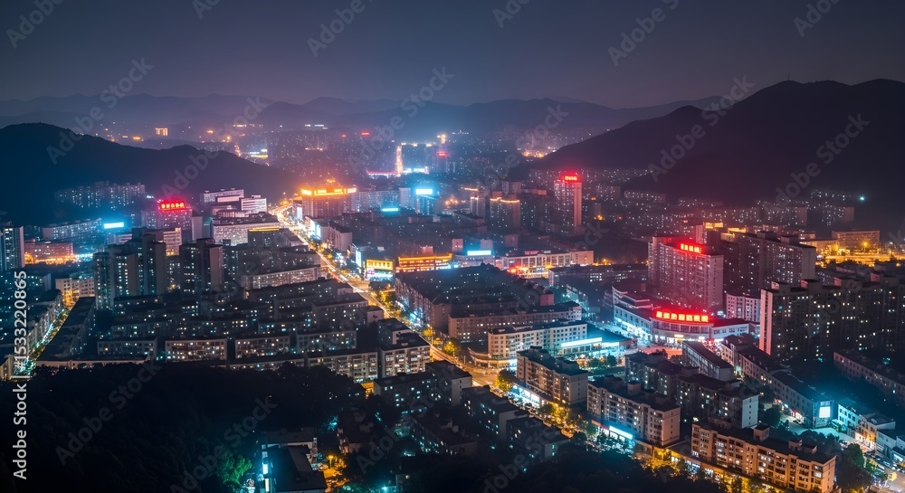 Fototapeta premium Cityscape at night, vast urban skyline surrounded by hills