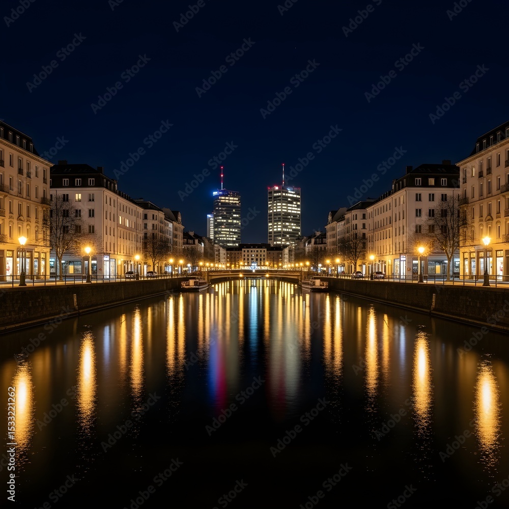 Fototapeta premium City canal at night, urban skyline reflection with illuminated buildings
