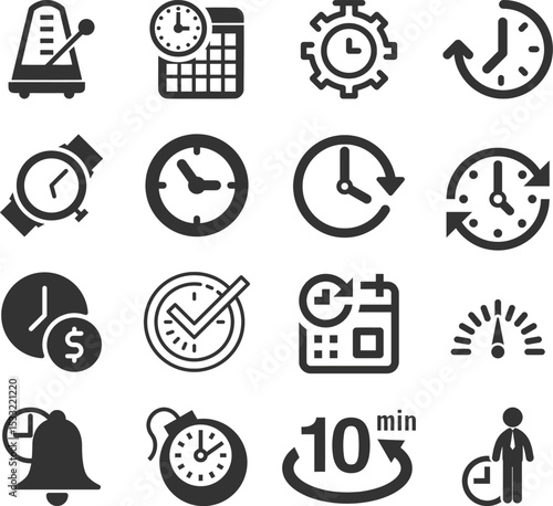 Time and Clock set of web icons in line style. Time management. Timer, Speed, Date, Countdown, Alarm, Recovery, Time, clock, watch, calendar simple icons for web and mobile app. Vector illustration