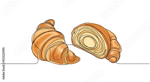 Croissant et moitié de croissant – dessin doodle en une ligne avec remplissage aquarelle, illustration vectorielle minimaliste sur fond blanc

