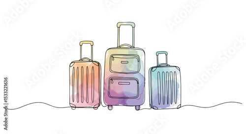 Ensemble de valises – dessin doodle en une ligne avec remplissage aquarelle, illustration vectorielle minimaliste sur fond blanc