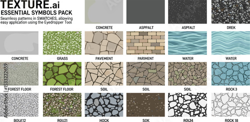 Vector pattern texture cad set for landscape architecture. Includes concrete, asphalt, grass, pavement, water, gravel, soil, forest, and stone surfaces.