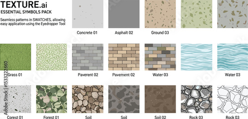 Vector pattern texture cad set for landscape architecture. Includes concrete, asphalt, grass, pavement, water, gravel, soil, forest, and stone surfaces.