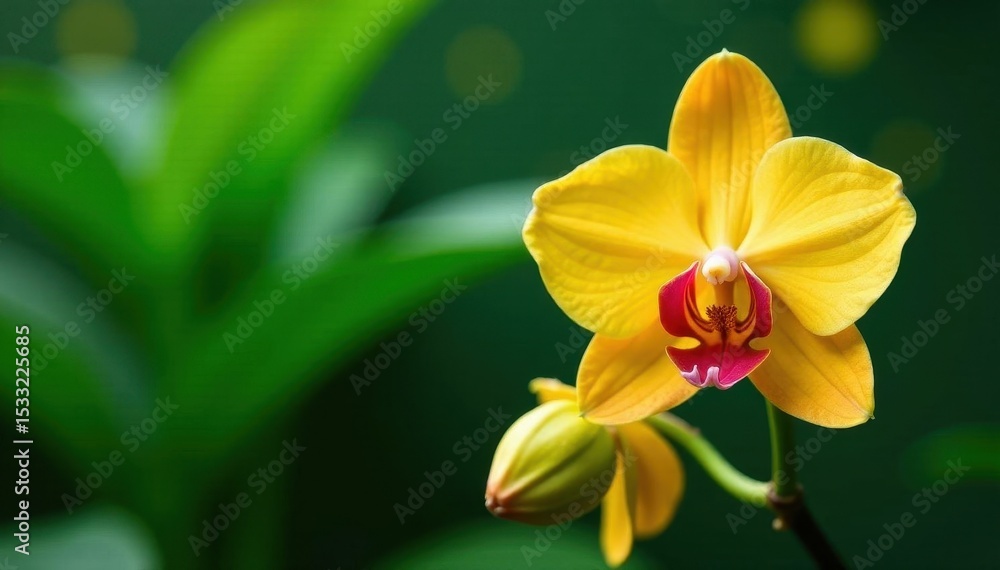 Fototapeta premium Vibrant yellow & orange orchid blooms nestled amongst lush green tropical foliage , closeup, exotic