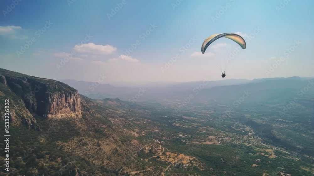 A paraglider soaring above a scenic mountainous landscape during the day A paraglider soaring above a scenic mountainous landscape during the day