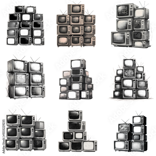 Vintage television sets stacked illustration retro tv pile old television antique tv technology communication 
