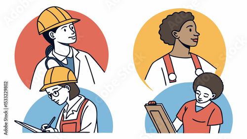 Diverse workforce featuring essential workers like doctors engineers and nurses in vector illustration