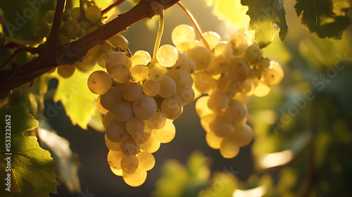 Translucent Chenin Blanc Grapes Lit From Behind With Golden Sunlight In South African Vineyard