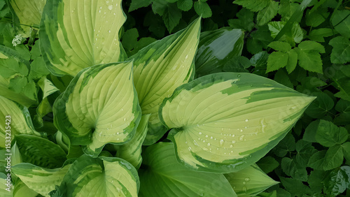 Closeup of Hosta albopicta or Plantain lily variegated yellow-green leaves wet after rain and covered by water drops dew in spring garden. Lush springtime foliage natural background, shallow focus.