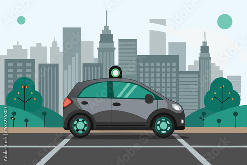 Gray Autonomous Car with Green Accents and Sensor on City Street