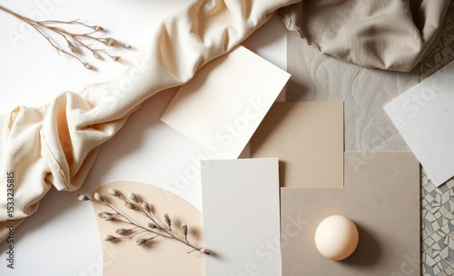 A stylish flat lay composition a designer's moodboard features a palette of soft beige and gray tones against a white backdrop Textiles paint samples panels and cement tiles are artfully arrange