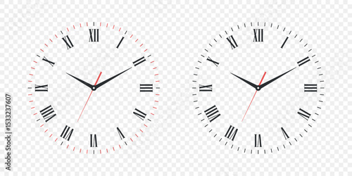 Vector Clock Face Set with Roman Numerals. Vector Clock Face Illustration with Hour, Minute and Second Hands. Isolated Classic Clock Face Design for Time Concept, Education, Decor and Watch Mockup