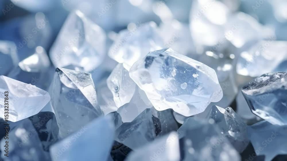 Pile of translucent ice-like decorative glass rock, small irregular shapes and light shining through, cool tones and a calming minimalist aesthetic.