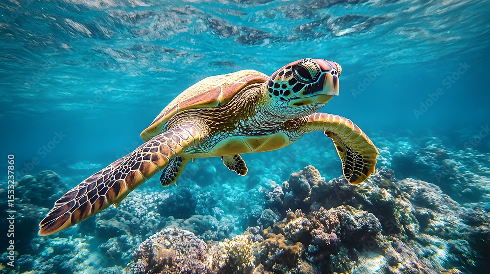 Fototapeta premium A sea turtle gracefully swims through vibrant coral reefs.