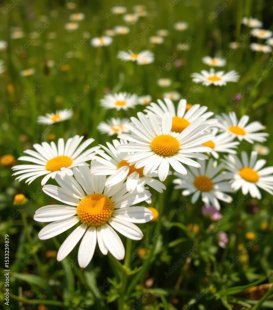 Obraz premium Delicate white daisies with bright yellow centers blossom in a sunlit meadow, yellow center, sunlit