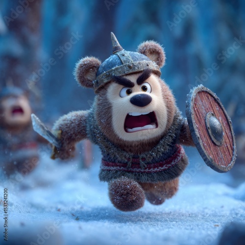 Brown Bear Viking Warrior Running Through Snowy Forest