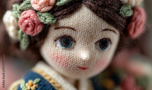 Closeup Portrait of a Handmade Textile Doll with Embroidered Flowers