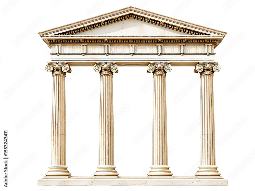 Obraz premium A symmetrical architectural structure with four ionic columns and a triangular pediment on black background