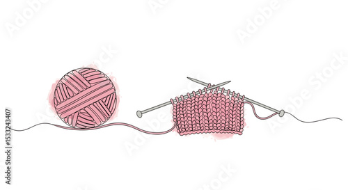 Yarn Ball and Needles – one line doodle drawing with watercolor fill, minimalistic vector illustration on white background