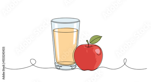 Apple Juice Glass and Apple – one line doodle drawing with watercolor fill, minimalistic vector illustration on white background