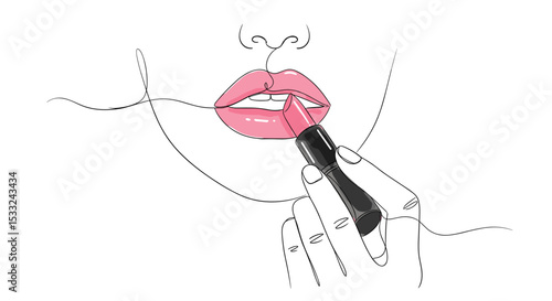 Femme appliquant du rouge à lèvres – dessin doodle en une ligne avec remplissage aquarelle, illustration vectorielle minimaliste sur fond blanc