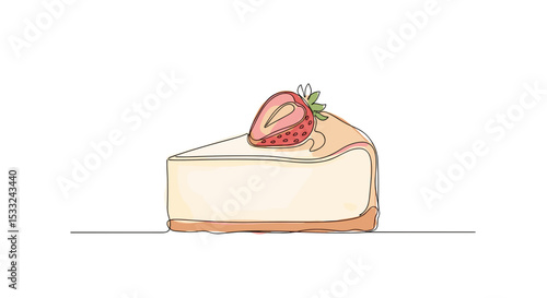 Strawberry Cheesecake – one line doodle drawing with watercolor fill, minimalistic vector illustration on white background